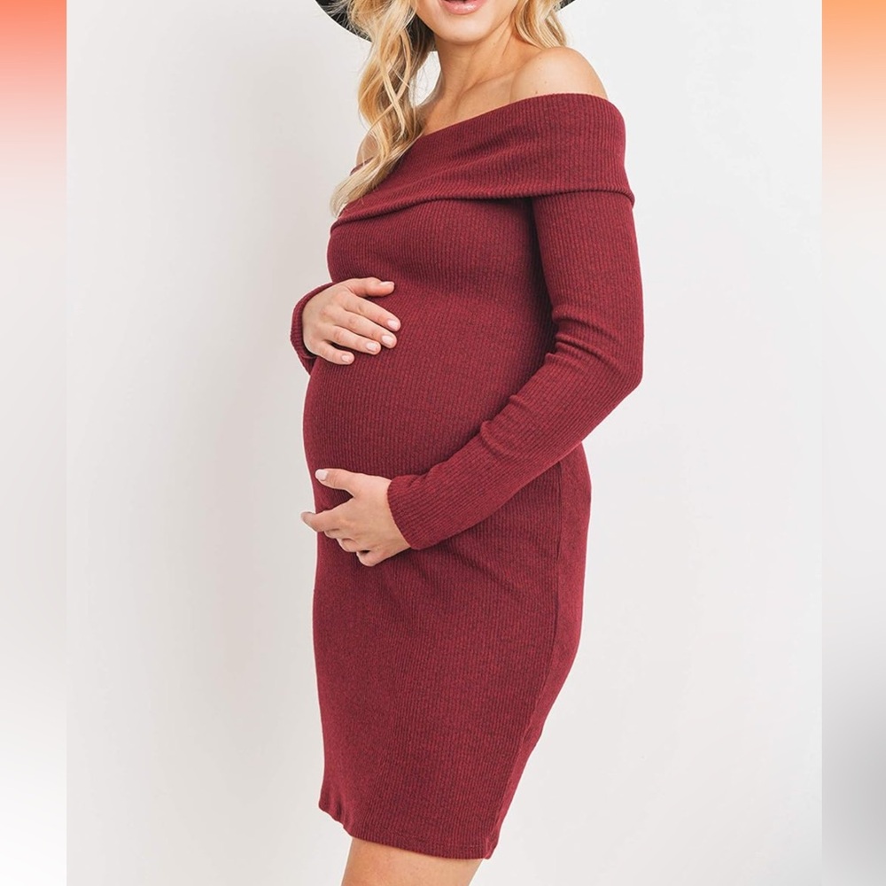Off Shoulder Sweater Knit Maternity Dress - Isabel Maternity XS Burgundy